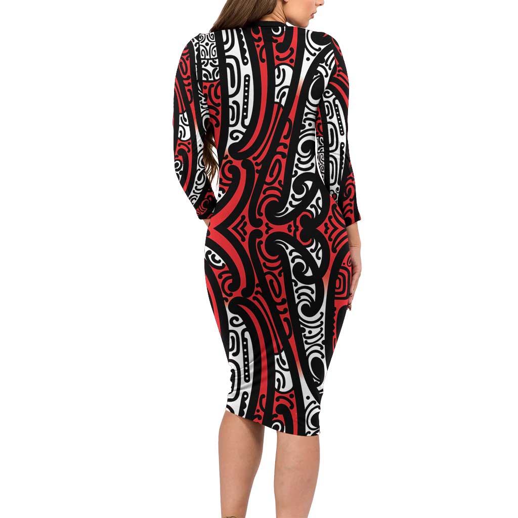 New Zealand Maori Taniko Long Sleeve Bodycon Dress Red Kowhaiwhai Puhoro
