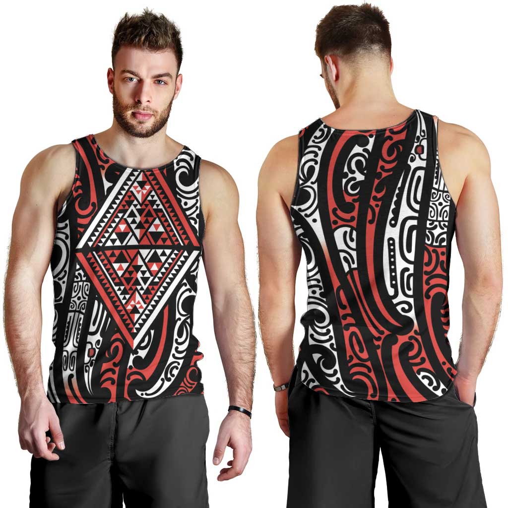 New Zealand Maori Taniko Men Tank Top Red Kowhaiwhai Puhoro