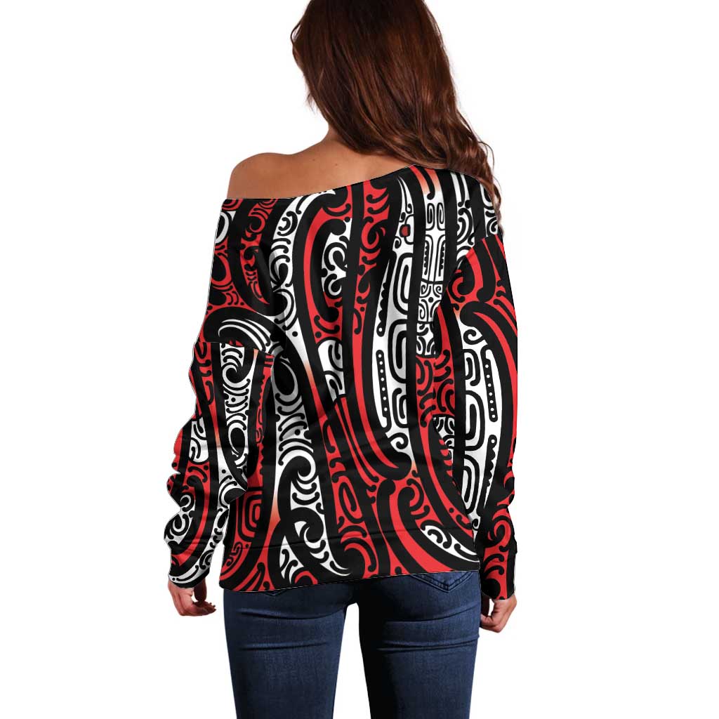 New Zealand Maori Taniko Off Shoulder Sweater Red Kowhaiwhai Puhoro