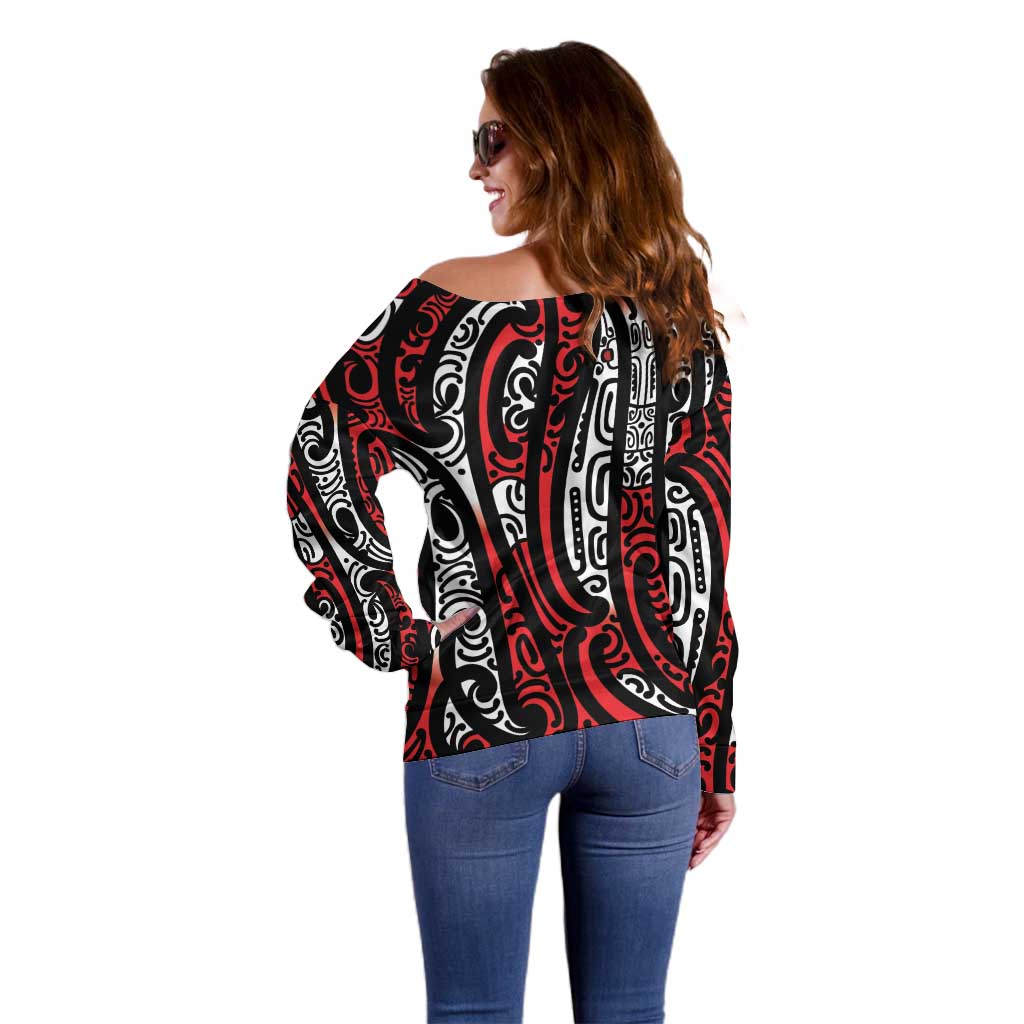 New Zealand Maori Taniko Off Shoulder Sweater Red Kowhaiwhai Puhoro