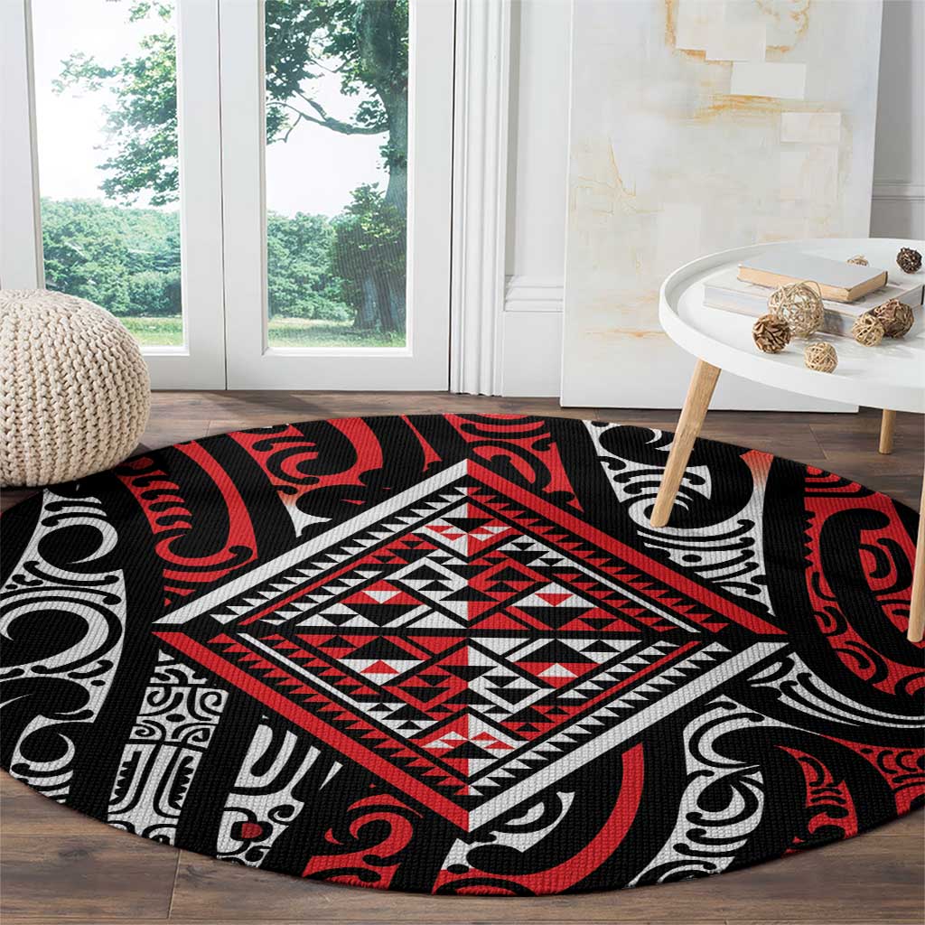 New Zealand Maori Taniko Round Carpet Red Kowhaiwhai Puhoro