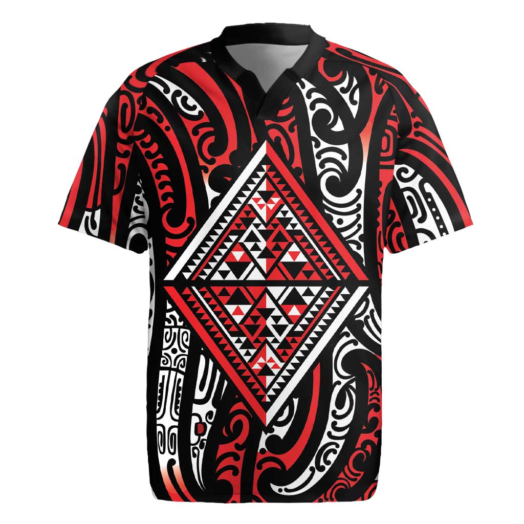 New Zealand Maori Taniko Rugby Jersey Red Kowhaiwhai Puhoro LT9 Red - Polynesian Pride