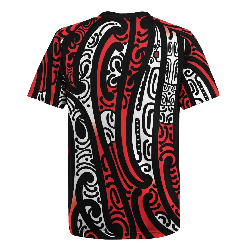 New Zealand Maori Taniko Rugby Jersey Red Kowhaiwhai Puhoro LT9 - Polynesian Pride