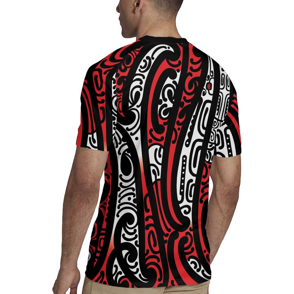 New Zealand Maori Taniko Rugby Jersey Red Kowhaiwhai Puhoro LT9 - Polynesian Pride