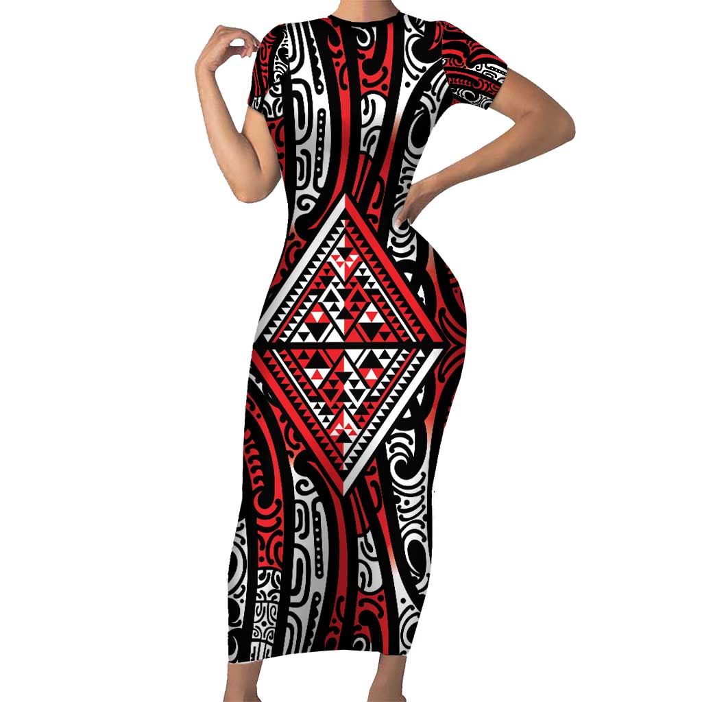 New Zealand Maori Taniko Short Sleeve Bodycon Dress Red Kowhaiwhai Puhoro