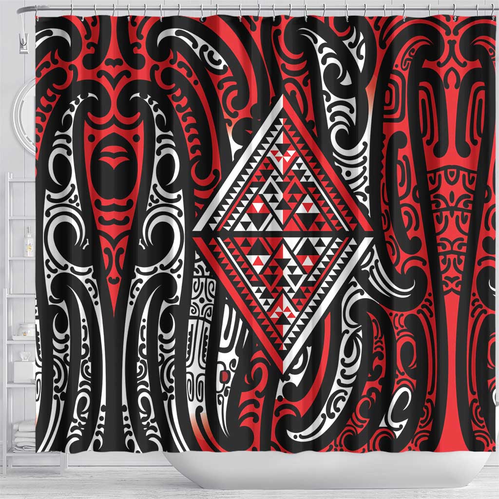 New Zealand Maori Taniko Shower Curtain Red Kowhaiwhai Puhoro
