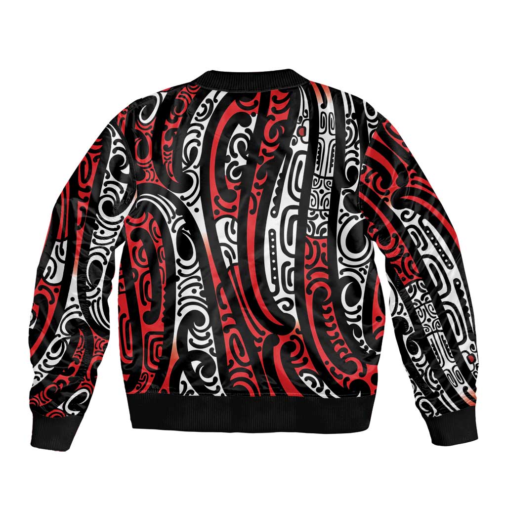 New Zealand Maori Taniko Sleeve Zip Bomber Jacket Red Kowhaiwhai Puhoro