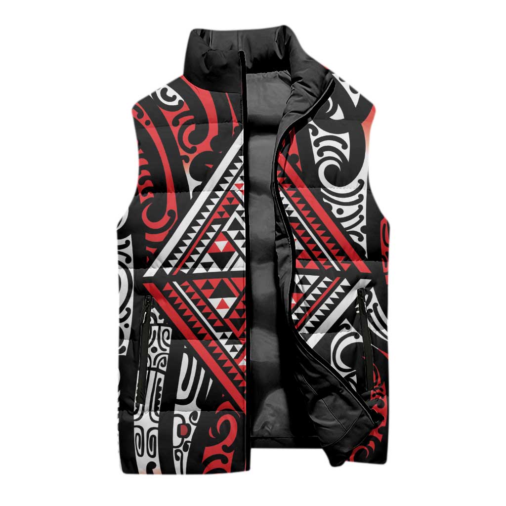 New Zealand Maori Taniko Sleeveless Puffer Jacket Red Kowhaiwhai Puhoro - Polynesian Pride