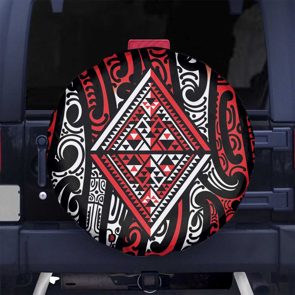 New Zealand Maori Taniko Spare Tire Cover Red Kowhaiwhai Puhoro