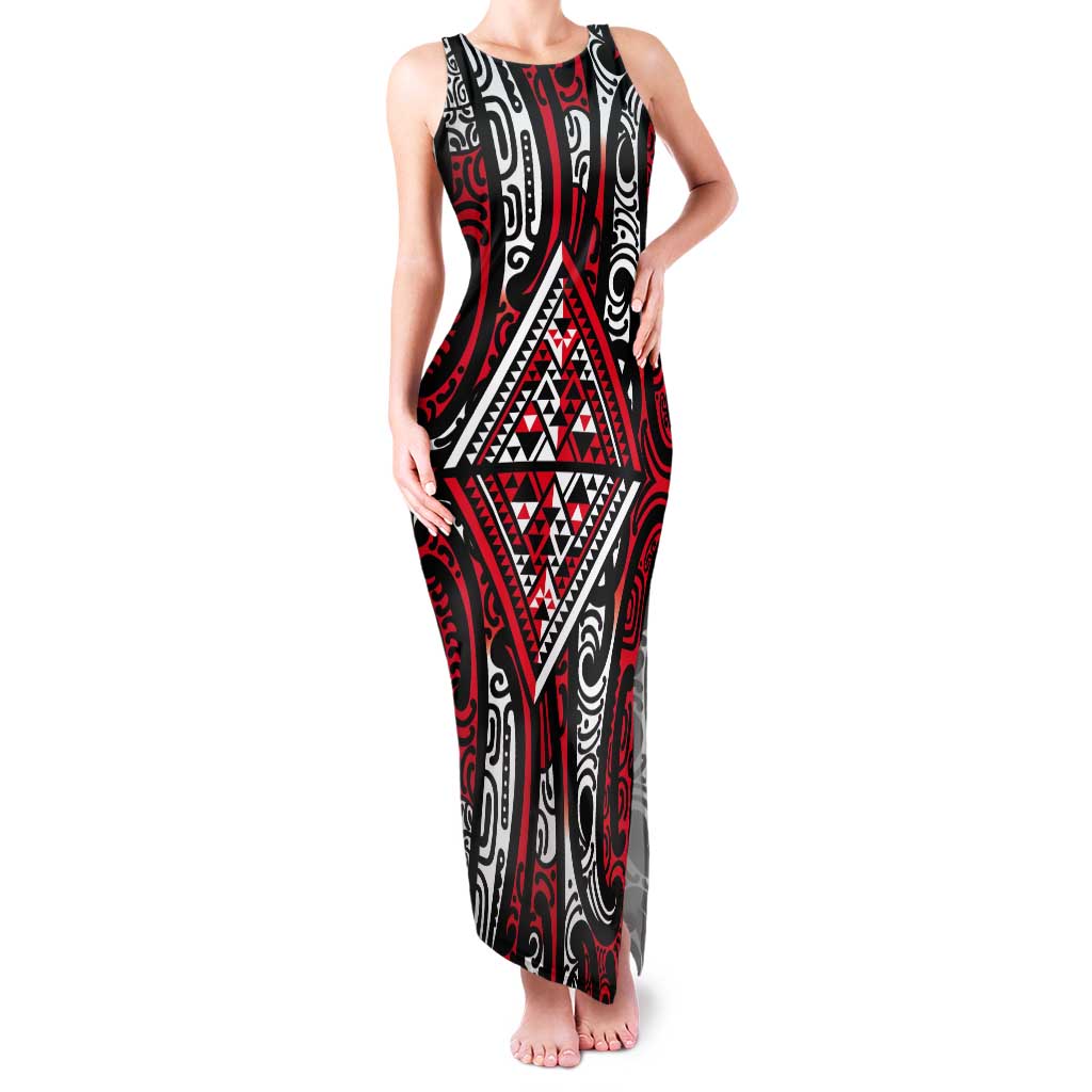 New Zealand Maori Taniko Tank Maxi Dress Red Kowhaiwhai Puhoro