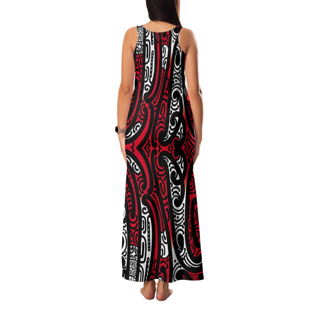 New Zealand Maori Taniko Tank Maxi Dress Red Kowhaiwhai Puhoro