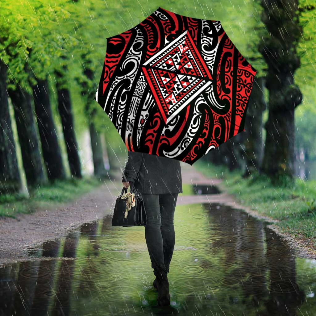 New Zealand Maori Taniko Umbrella Red Kowhaiwhai Puhoro - Polynesian Pride
