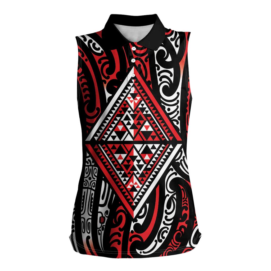 New Zealand Maori Taniko Women Sleeveless Polo Shirt Red Kowhaiwhai Puhoro