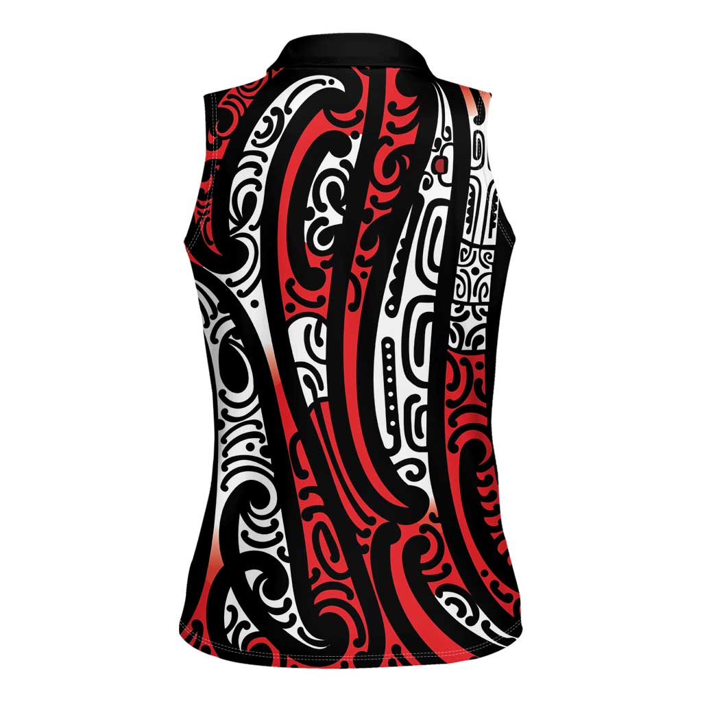 New Zealand Maori Taniko Women Sleeveless Polo Shirt Red Kowhaiwhai Puhoro