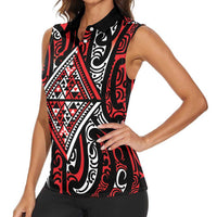 New Zealand Maori Taniko Women Sleeveless Polo Shirt Red Kowhaiwhai Puhoro