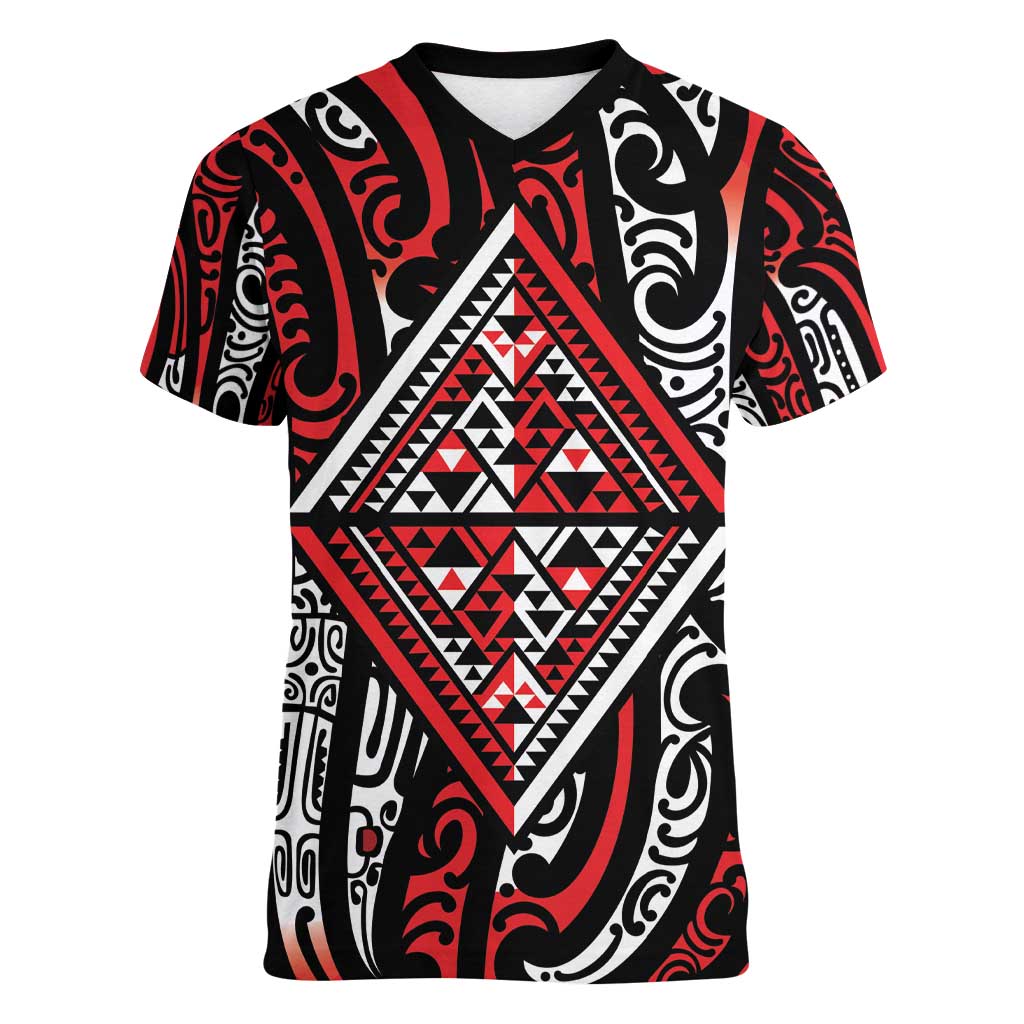 New Zealand Maori Taniko Women V-Neck T-Shirt Red Kowhaiwhai Puhoro