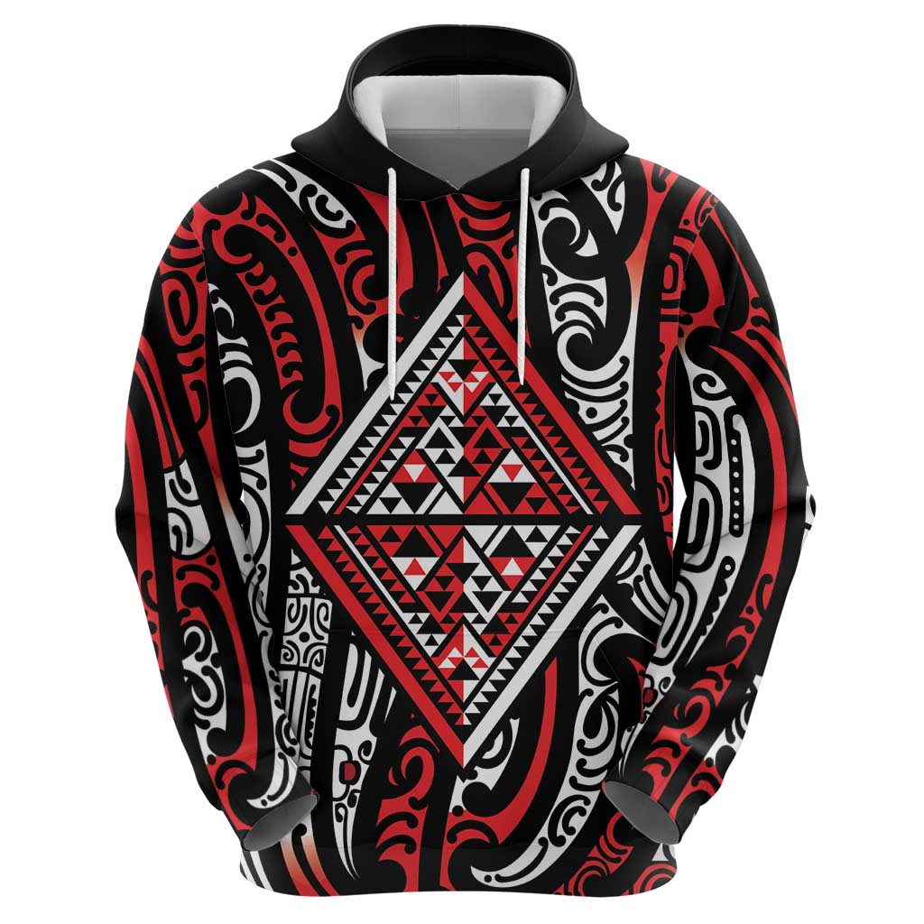 New Zealand Maori Taniko Zip Hoodie Red Kowhaiwhai Puhoro
