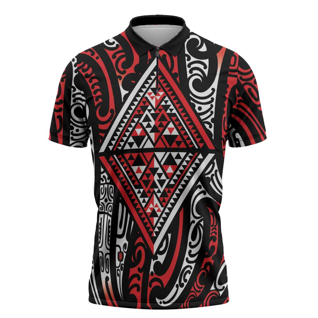 New Zealand Maori Taniko Zipper Polo Shirt Red Kowhaiwhai Puhoro - Polynesian Pride