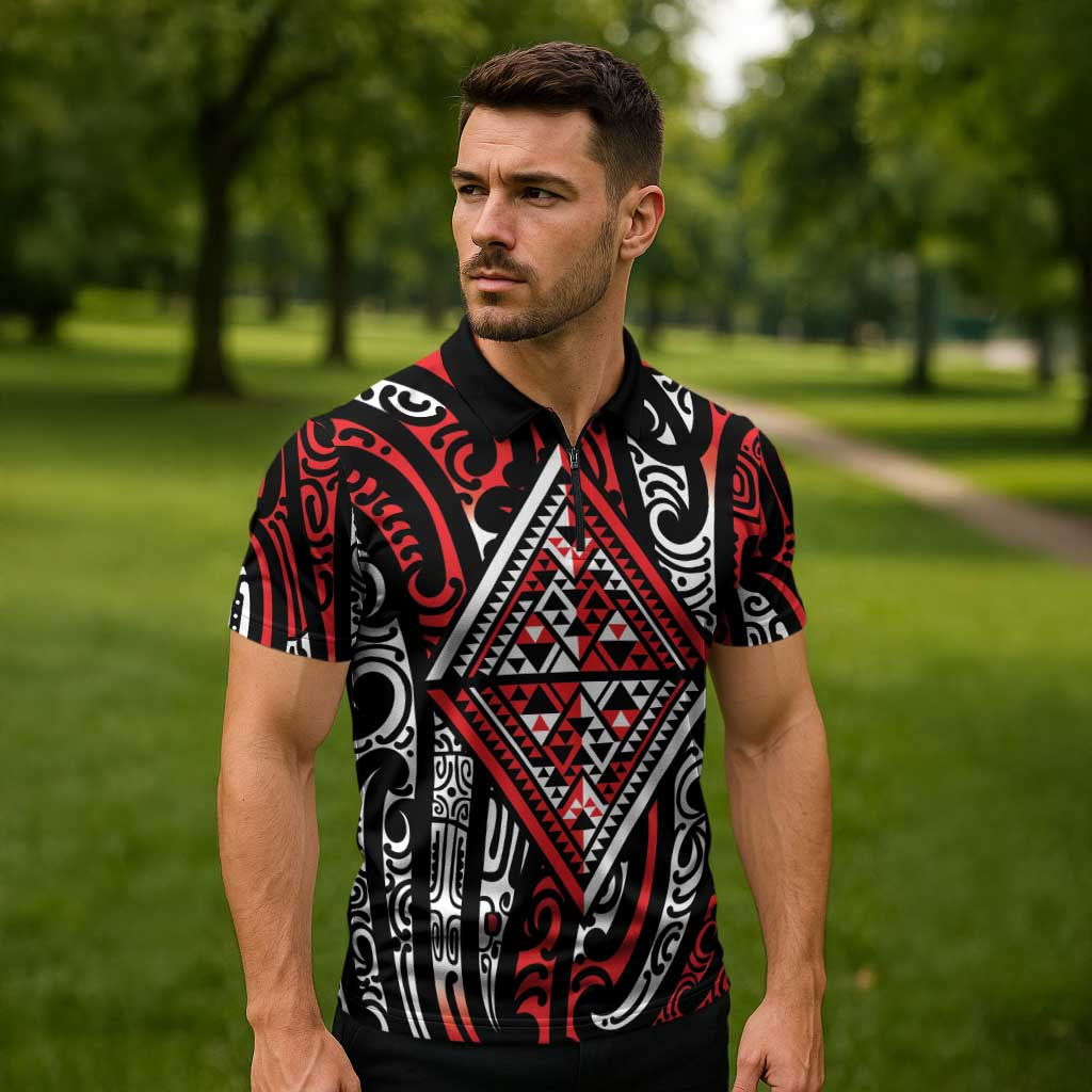 New Zealand Maori Taniko Zipper Polo Shirt Red Kowhaiwhai Puhoro - Polynesian Pride