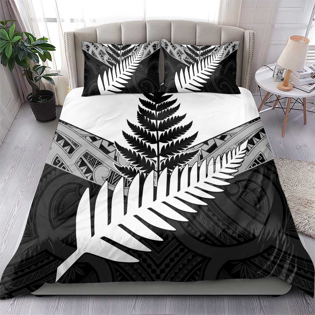 New Zealand Silver Fern Bedding Set Maori Koru Mixed Taniko Pattern