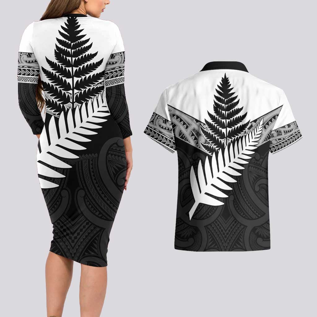 New Zealand Silver Fern Couples Matching Long Sleeve Bodycon Dress and Hawaiian Shirt Maori Koru Mixed Taniko Pattern