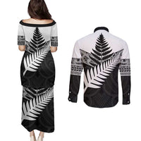 New Zealand Silver Fern Couples Matching Puletasi and Long Sleeve Button Shirt Maori Koru Mixed Taniko Pattern LT9 - Polynesian Pride