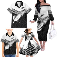 New Zealand Silver Fern Family Matching Off The Shoulder Long Sleeve Dress and Hawaiian Shirt Maori Koru Mixed Taniko Pattern