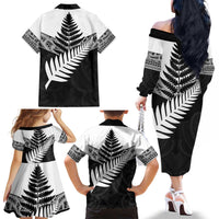 New Zealand Silver Fern Family Matching Off The Shoulder Long Sleeve Dress and Hawaiian Shirt Maori Koru Mixed Taniko Pattern