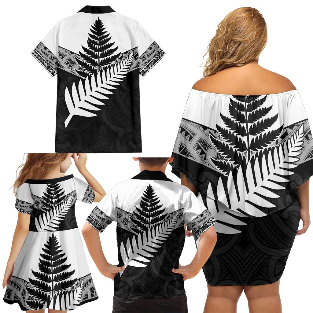 New Zealand Silver Fern Family Matching Off Shoulder Short Dress and Hawaiian Shirt Maori Koru Mixed Taniko Pattern