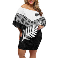 New Zealand Silver Fern Family Matching Off Shoulder Short Dress and Hawaiian Shirt Maori Koru Mixed Taniko Pattern