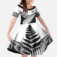 New Zealand Silver Fern Kid Short Sleeve Dress Maori Koru Mixed Taniko Pattern