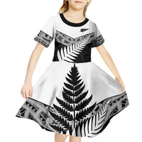 New Zealand Silver Fern Kid Short Sleeve Dress Maori Koru Mixed Taniko Pattern