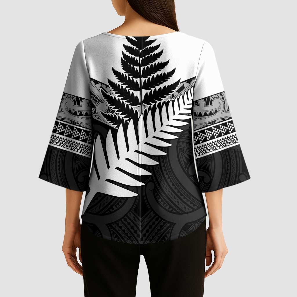 New Zealand Silver Fern Kimono Sleeve Blouse Maori Koru Mixed Taniko Pattern - Polynesian Pride