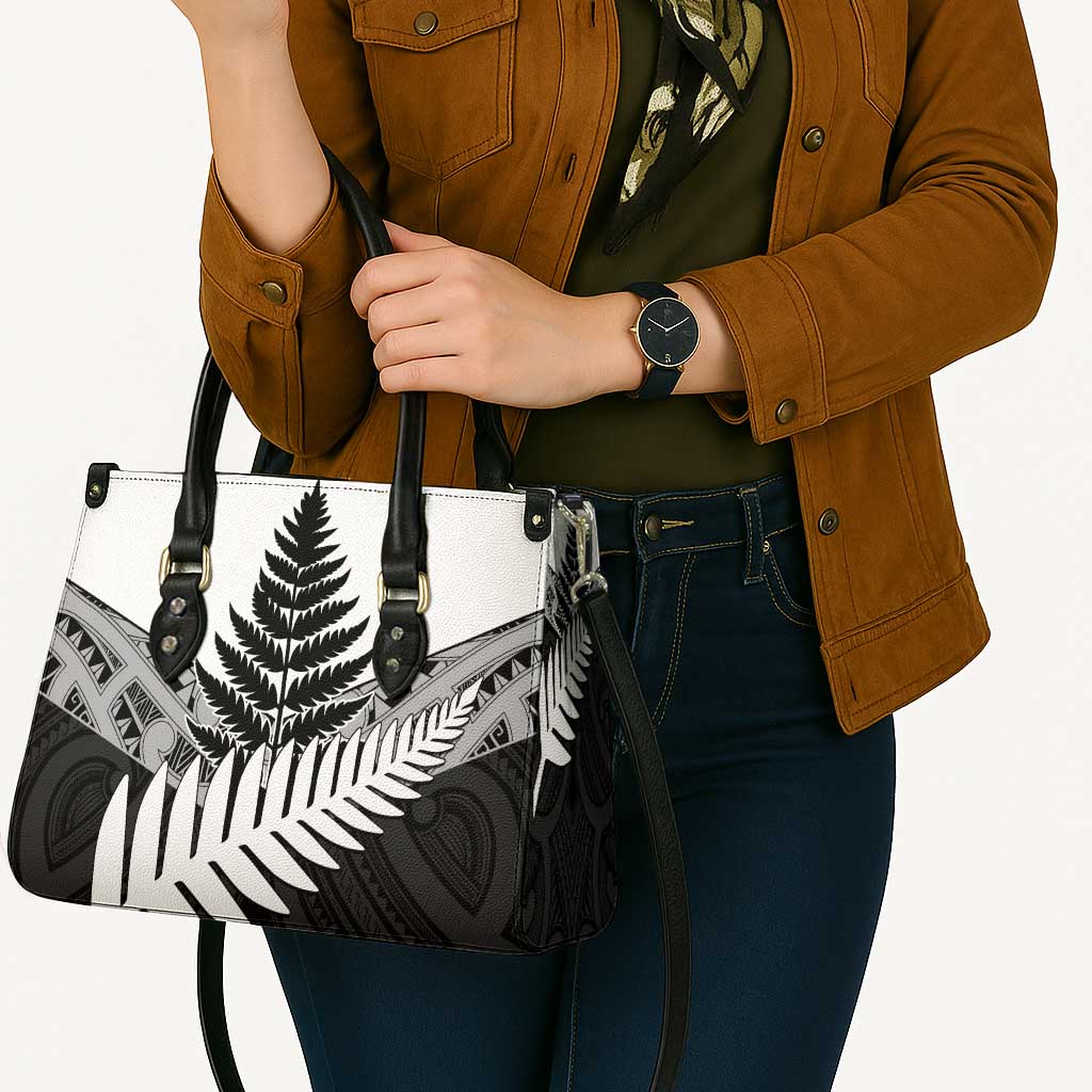 New Zealand Silver Fern Leather Bag Maori Koru Mixed Taniko Pattern - Polynesian Pride