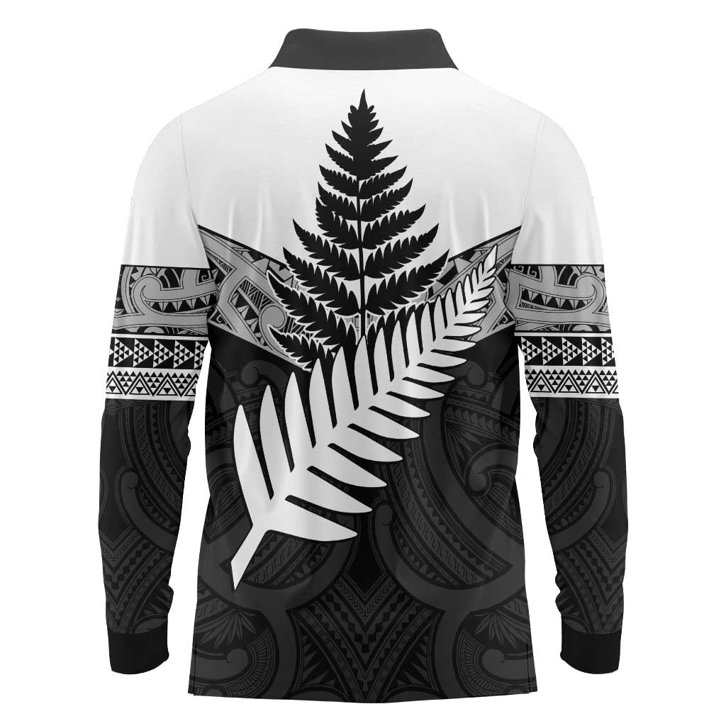 New Zealand Silver Fern Long Sleeve Polo Shirt Maori Koru Mixed Taniko Pattern