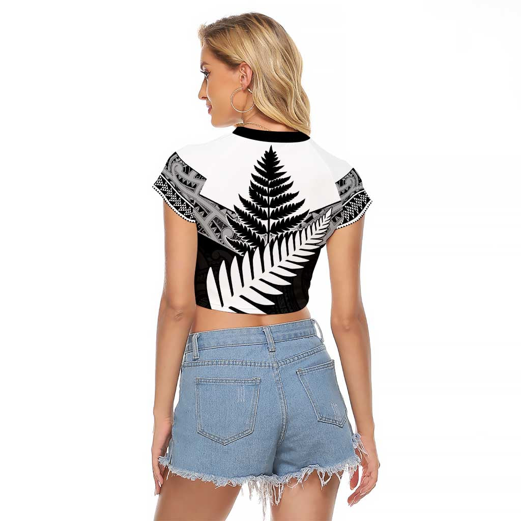 New Zealand Silver Fern Raglan Cropped T Shirt Maori Koru Mixed Taniko Pattern