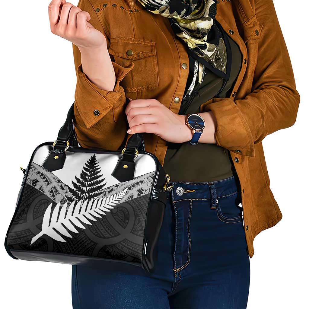 New Zealand Silver Fern Shoulder Handbag Maori Koru Mixed Taniko Pattern