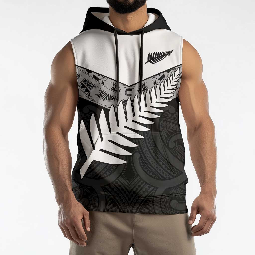 New Zealand Silver Fern Sleeveless Hoodie Maori Koru Mixed Taniko Pattern - Polynesian Pride