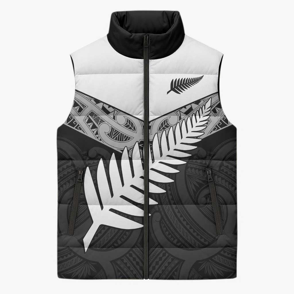 New Zealand Silver Fern Sleeveless Puffer Jacket Maori Koru Mixed Taniko Pattern - Polynesian Pride