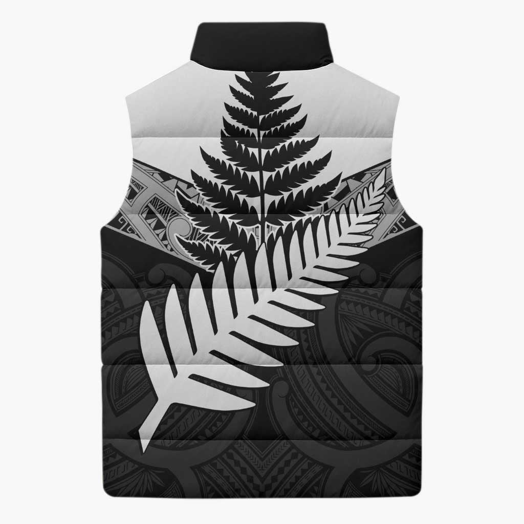 New Zealand Silver Fern Sleeveless Puffer Jacket Maori Koru Mixed Taniko Pattern - Polynesian Pride