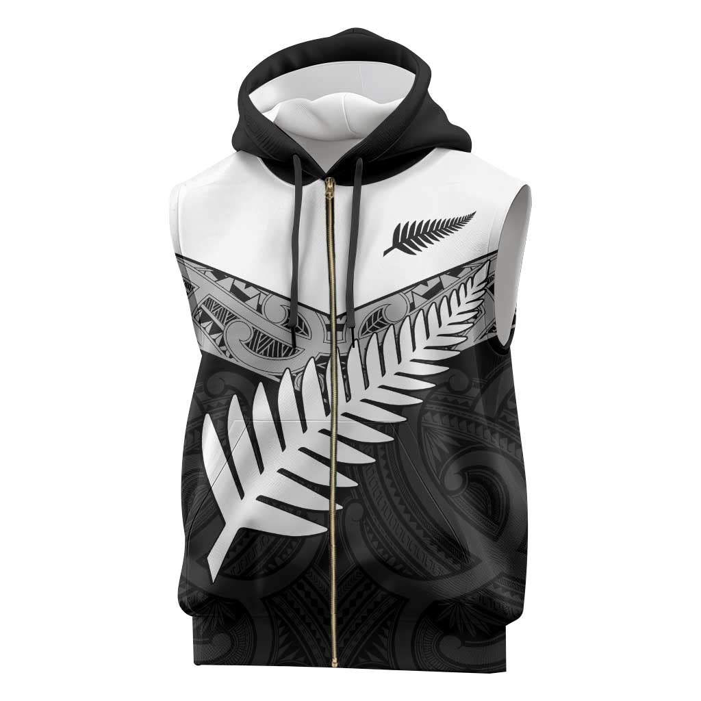 New Zealand Silver Fern Sleeveless Zip Hoodie Maori Koru Mixed Taniko Pattern - Polynesian Pride