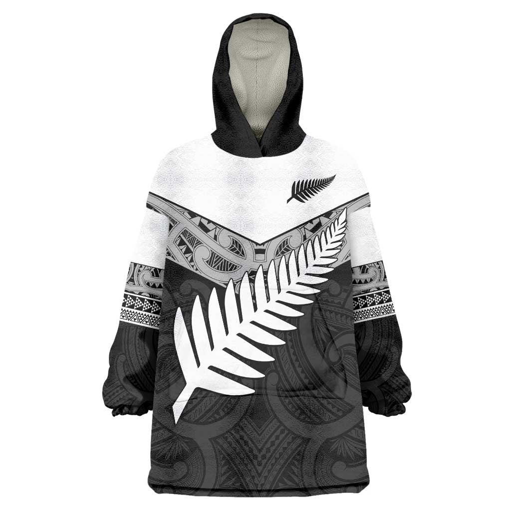 New Zealand Silver Fern Wearable Blanket Hoodie Maori Koru Mixed Taniko Pattern