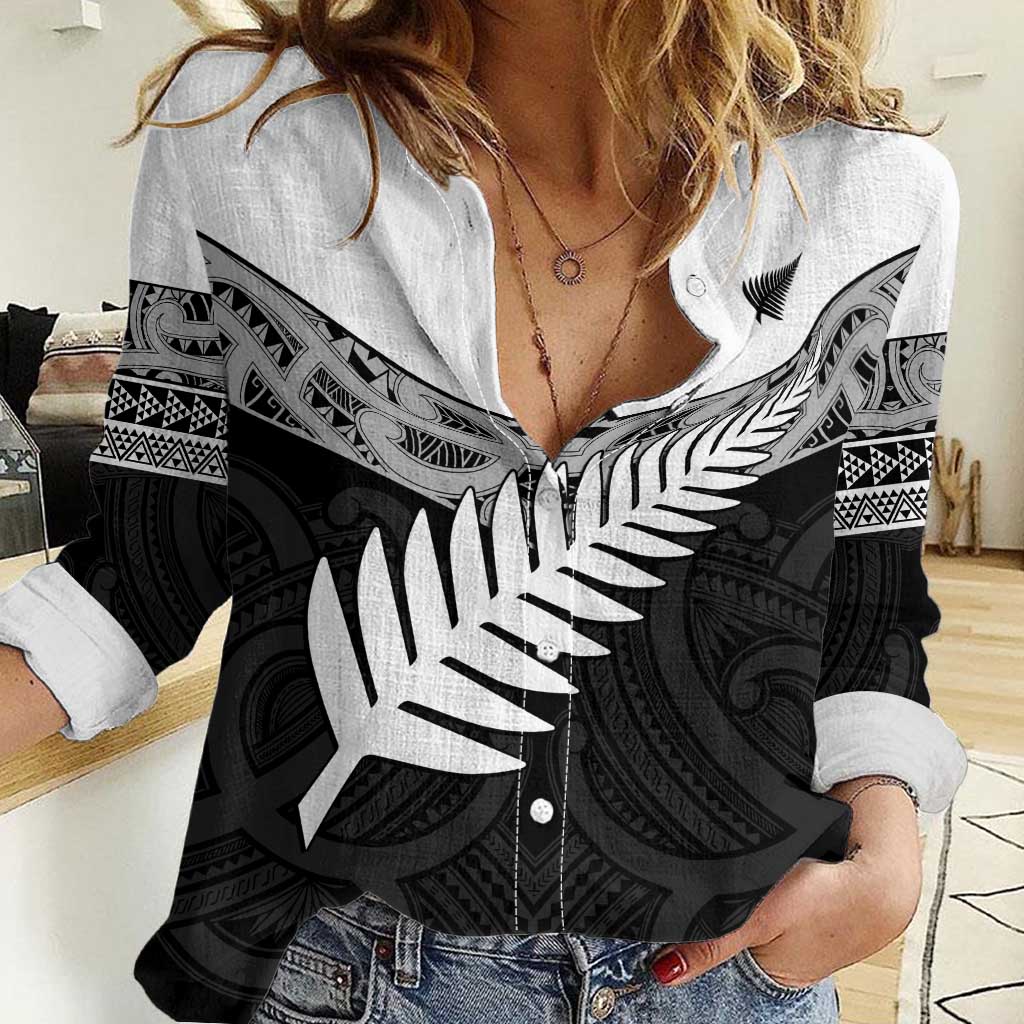 New Zealand Silver Fern Women Casual Shirt Maori Koru Mixed Taniko Pattern LT9 Female White - Polynesian Pride