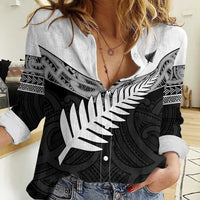 New Zealand Silver Fern Women Casual Shirt Maori Koru Mixed Taniko Pattern LT9 Female White - Polynesian Pride