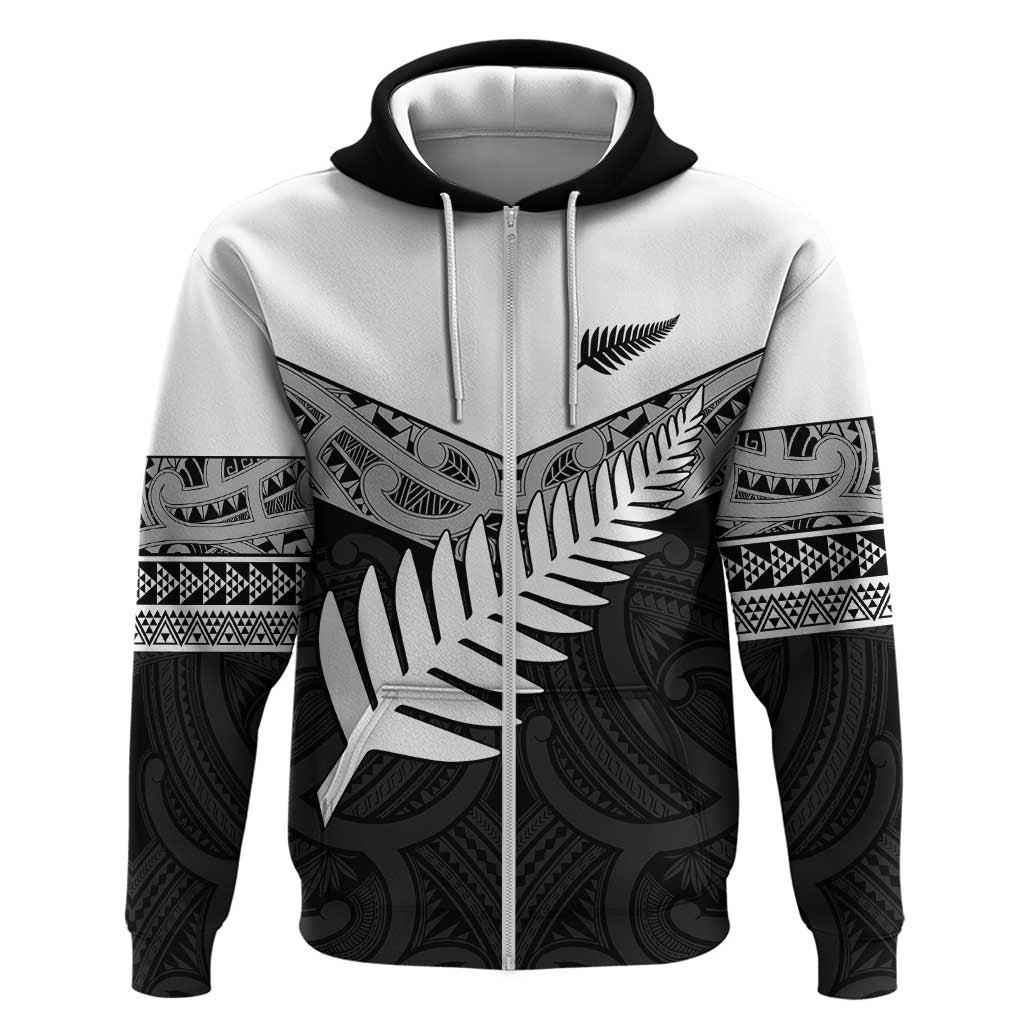 New Zealand Silver Fern Zip Hoodie Maori Koru Mixed Taniko Pattern