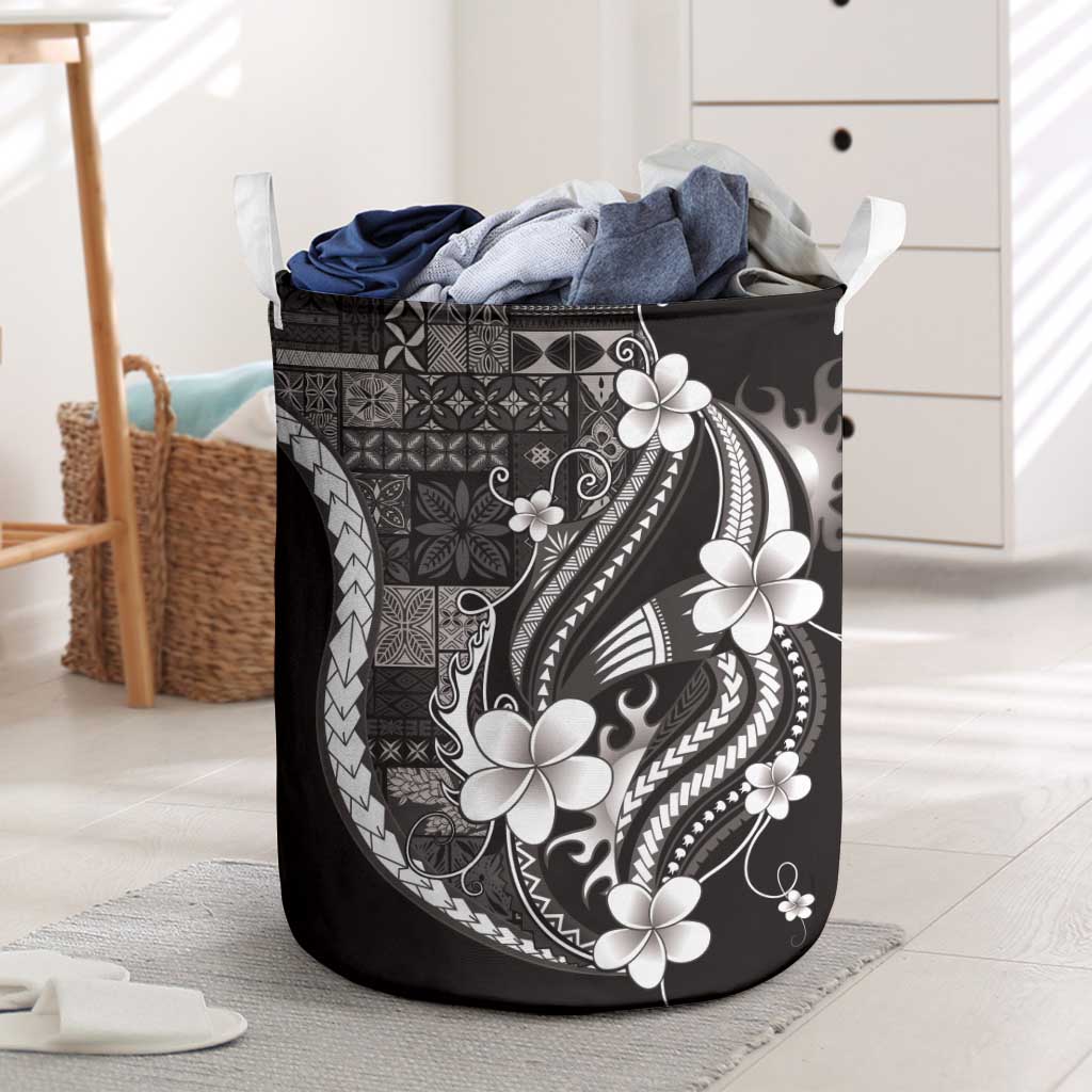 Samoa Siapo Tribal Pattern Laundry Basket Black Polynesian Plumeria Tapa Motif