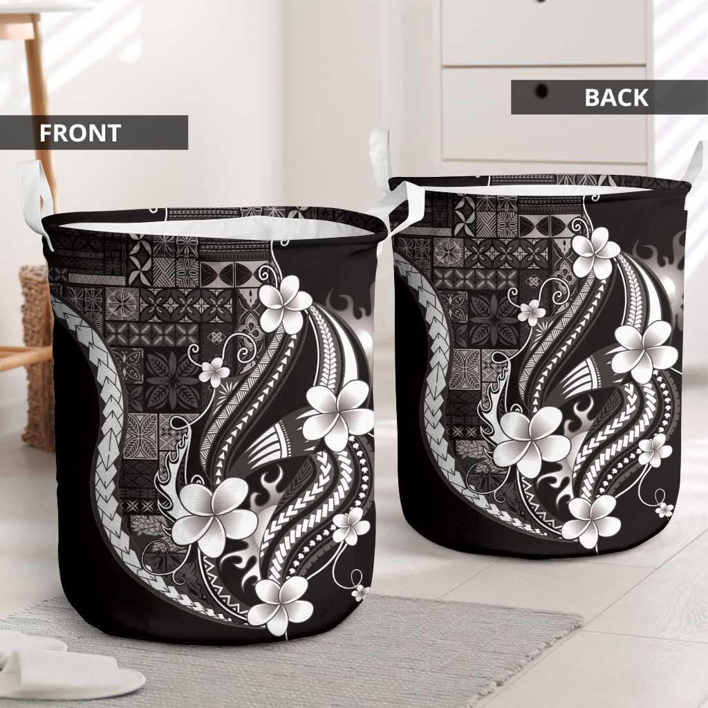 Samoa Siapo Tribal Pattern Laundry Basket Black Polynesian Plumeria Tapa Motif