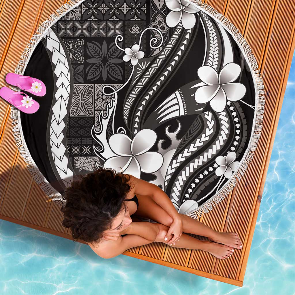 Samoa Siapo Tribal Pattern Beach Blanket Black Polynesian Plumeria Tapa Motif