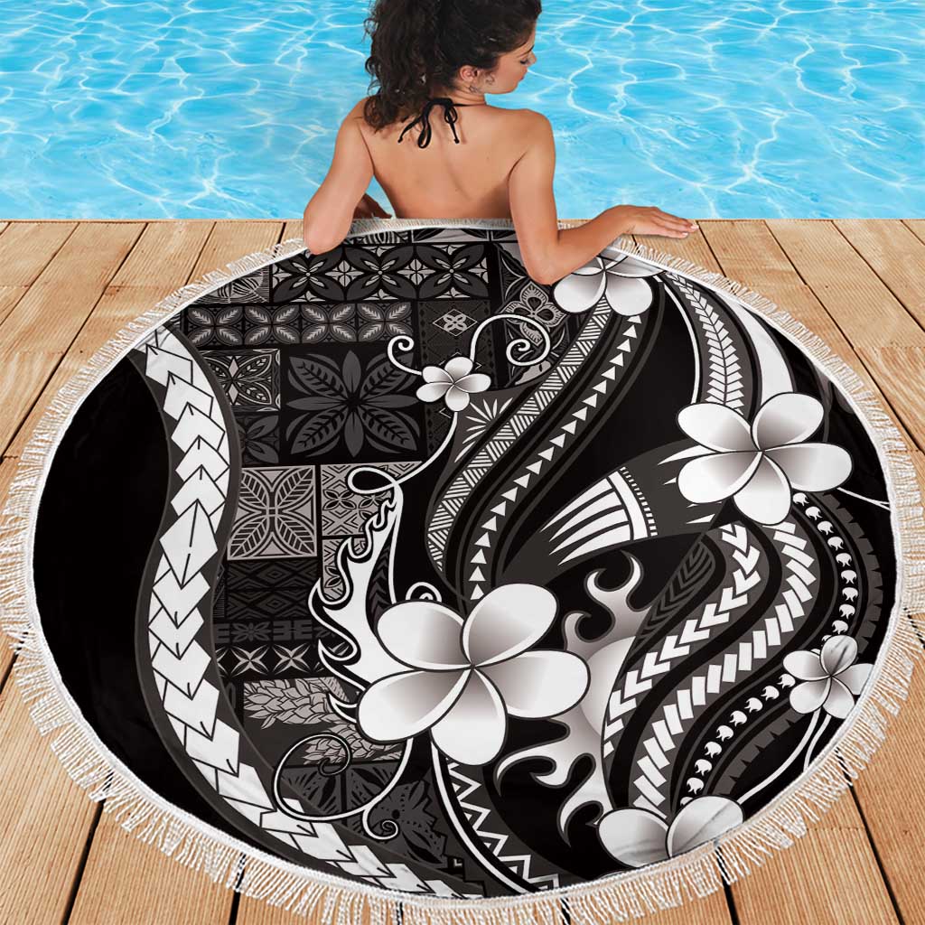 Samoa Siapo Tribal Pattern Beach Blanket Black Polynesian Plumeria Tapa Motif