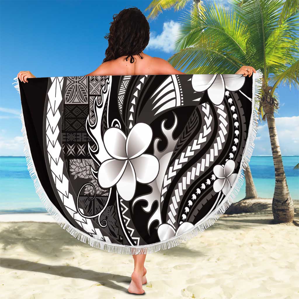 Samoa Siapo Tribal Pattern Beach Blanket Black Polynesian Plumeria Tapa Motif